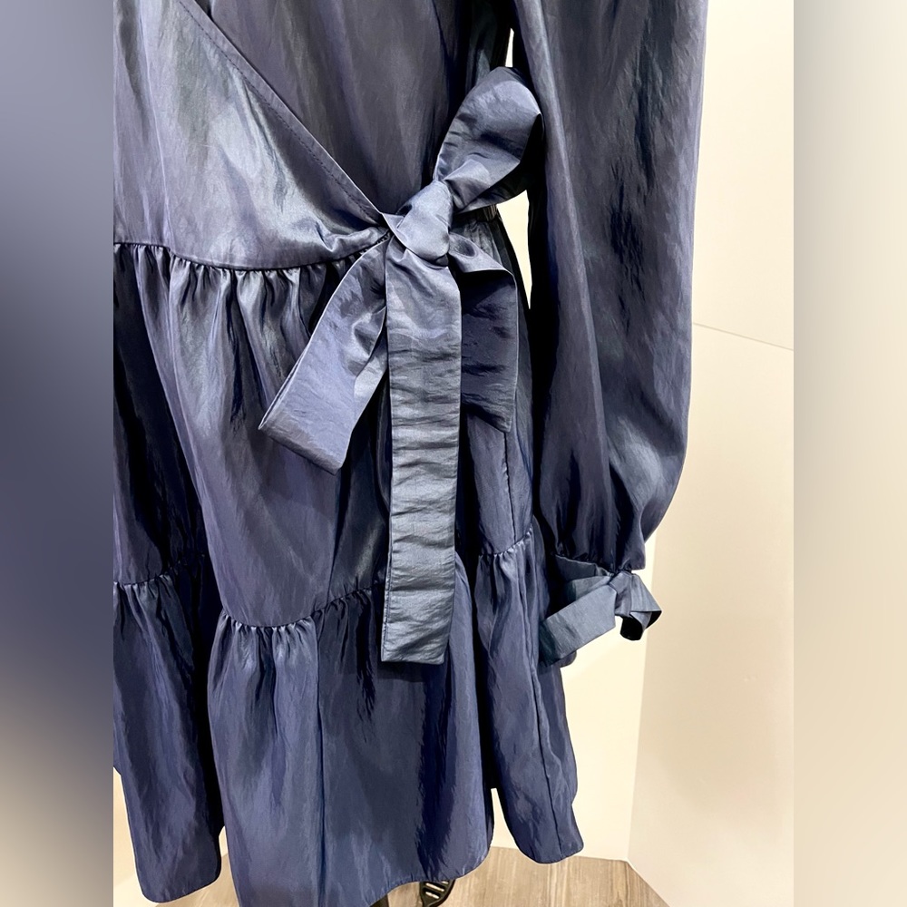 ASOS Design Wrap Front Smock Mini Dress in Navy Blue Taffeta, Size 12 - Picture 2 of 10